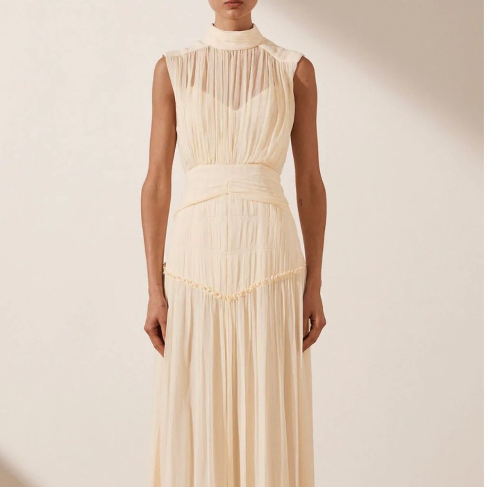 Shona Joy, CLEMENCE HIGH NECK MIDI DRESS - CREAM, Size 10